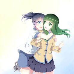 2girls black_hair black_rock_shooter blue_eyes blue_shorts blue_skirt friends green_eyes green_hair hug hug_from_behind kuroi_mato multiple_girls school_uniform senba_hikari short_twintails shorts skirt takanashi_yomi twintails