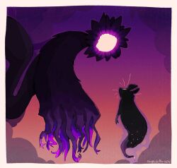 Rule 34 | 1other, black cloak, black fur, cloak, creature, flower, flower head, gradient background, highres, iterator (rain world), looking at another, looking back, monster, purple background, purple flower, rain world, robot, shapeshifter404, slugcat, the prince (rain world), torn clothes, umbilical cord, watcher (rain world), whiskers, wide-eyed