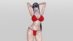 1girl armpits arms_behind_head bikini black_hair blue_eyes breasts cleavage goggles goggles_on_head hair_ribbon highres large_breasts long_hair looking_at_viewer low_ponytail mask navel ponytail red_bikini ribbon sengoku_ace sengoku_blade smile solo swimsuit thick_thighs thighs togashi_koyori wide_hips