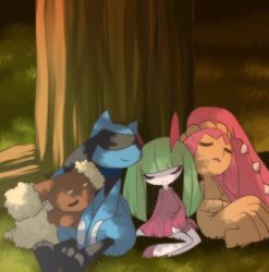 alternate_color blue_fur brown_fur buneary closed_eyes colored_skin dress extra_mouth fangs furry gen_3_pokemon gen_4_pokemon grass green_hair horns kirlia loyaldis mawile nintendo on_grass pokemon pokemon_(creature) purple_dress riolu shiny_pokemon sidelocks smile tree white_skin yellow_skin