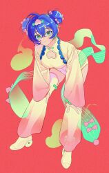 1girl absurdres alternate_costume belle_(zenless_zone_zero) bent_over blue_hair bow cleavage_cutout clothing_cutout crossed_bangs double_bun food food-themed_hair_ornament fruit gradient_hair green_eyes green_shawl hair_between_eyes hair_bow hair_bun hair_ornament highres hitodama leotard long_sleeves looking_at_viewer multicolored_eyes multicolored_hair multiple_hair_bows pd_honey peach red_background see-through_clothes shawl shoes short_hair shrug_(clothing) simple_background very_short_hair white_leotard white_shoes white_shrug zenless_zone_zero