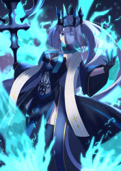 1girl black_dress black_gloves blue_eyes crown dress fate/grand_order fate_(series) gloves hair_between_eyes highres long_hair looking_at_viewer morgan_le_fay_(fate) morgan_le_fay_(queen_of_winter)_(fate) narukamikagerou polearm ponytail solo spear spikes veil very_long_hair weapon white_hair