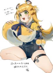 1girl :3 animal_ears black_shorts blonde_hair commentary_request fang green_eyes highres ju_fufu long_hair nekomu_10 open_mouth short_shorts shorts solo tail thigh_strap tiger_ears tiger_girl tiger_tail translation_request zenless_zone_zero