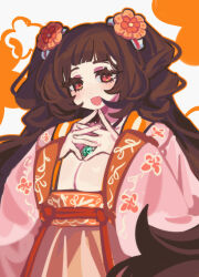 1girl absurdres breasts brown_eyes brown_hair chinese_clothes cleavage drill_hair er_hea flower hair_flower hair_ornament hanfu highres jade_pendant limbus_company long_hair looking_at_viewer open_mouth orange_hanfu pink_hanfu pink_robe project_moon qixiong_ruqun robe simple_background solo standing upper_body white_background xue_baochai_(project_moon)