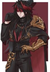 1boy armor belt belt_buckle black_cape black_coat black_gloves black_hair black_jacket black_pants border buckle cape clawed_gauntlets closed_mouth coat cowboy_shot earrings final_fantasy final_fantasy_vii gauntlets gloves gun hair_between_eyes hand_on_own_hip handgun headband highres holding holding_gun holding_weapon horns jacket jewelry long_hair male_focus multiple_belts outside_border over_shoulder pants red_cape red_eyes red_headband serious shoulder_armor single_gauntlet single_glove solo spiked_hair twitter_username two-sided_cape two-sided_fabric vani_(hisha_04) vincent_valentine weapon white_border