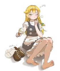 1girl apron aps_bilu artist_name barefoot black_skirt black_vest blonde_hair bow braid brown_shoes dated feet food frilled_skirt frills green_bow hair_bow highres holding holding_food holding_ice_cream holding_ice_cream_cone ice_cream ice_cream_cone kirisame_marisa loafers one_eye_closed puffy_short_sleeves puffy_sleeves shirt shoes short_sleeves shy simple_background skirt socks soles solo touhou unworn_shoes unworn_socks vest white_apron white_background white_shirt white_socks yellow_eyes