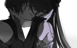1boy 1girl absurdres blunt_ends bodysuit bow bridal_gauntlets closed_eyes closed_mouth couple detached_sleeves eyelashes french_kiss genshin_impact greyscale hair_bow hand_in_another&#039;s_hair hand_on_another&#039;s_back hetero highres k_kami_i kiss long_hair middle_ring mona_(genshin_impact) monochrome scaramouche_(genshin_impact) sidelocks signature sketch telegram_username twintails twitter_username wanderer_(genshin_impact) white_background