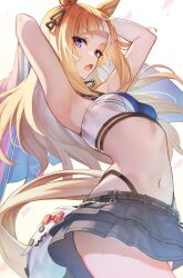 1girl absurdres animal_ears armpits arms_behind_head arms_up black_panties black_skirt blue_eyes blunt_bangs blush breasts bright_pupils espoir_city_(umamusume) fang hair_ornament hands_in_own_hair highleg highleg_panties highres horse_earrings horse_ears horse_girl horse_tail iam_(tetsu0ekaki) long_hair looking_at_viewer multicolored_hair navel open_mouth orange_hair panties panty_straps pleated_skirt skirt solo standing stomach strapless tail thong tube_top umamusume underwear white_hair white_pupils