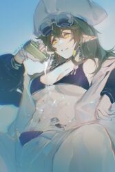 1girl arknights bikini bikini_under_clothes blonde_hair blue_bikini breasts can chest_tattoo cleavage dated eyewear_on_head gavial_(arknights) gavial_the_invincible_(arknights) gavial_the_invincible_(holiday)_(arknights) green_hair hat highres holding holding_can jacket long_hair looking_at_viewer material_growth medium_breasts midriff moozsilent navel open_clothes open_jacket open_mouth oripathy_lesion_(arknights) pointy_ears pouring pouring_onto_self shorts sitting smile solo sunglasses swimsuit tattoo white_hat white_shorts