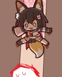 1boy 1girl :d animal_ear_fluff animal_ears black_gloves black_sailor_collar black_skirt blank_eyes blue_archive chibi chibi_only commentary doodle_sensei_(blue_archive) fox_ears fox_girl fox_hair_ornament fox_tail full_body gloves hair_between_eyes hair_ornament halo izuna_(blue_archive) looking_at_another looking_down miniskirt neckerchief needle_(574187457) ninja o_o open_mouth outstretched_arms partially_fingerless_gloves pink_halo pink_neckerchief pleated_skirt pom_pom_(clothes) pom_pom_hair_ornament sailor_collar school_uniform sensei_(blue_archive) serafuku shirt simple_background skirt smile smug solo_focus sweatdrop tail thigh_strap v-shaped_eyebrows white_shirt