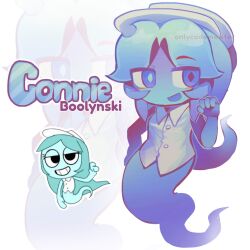 1girl aqua_hair baseball_cap blue_eyes character_name chibi chibi_only collared_shirt colored_skin connie_(dandy&#039;s_world) dandy&#039;s_world english_text ghost ghost_tail hand_on_own_hip hat highres long_hair official_art_inset onlycodemeister reference_inset roblox shirt sleeveless sleeveless_shirt solo solo_focus twitter_username white_hat white_shirt