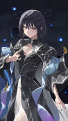 1girl absurdres black_dress black_hair black_halo black_nails breasts cleavage closed_mouth cross cross_earrings dress earrings fingernails green_eyes halo highres jewelry looking_at_viewer mac_star medium_breasts nail_polish necklace original short_hair smile solo
