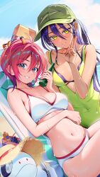 2girls amate_yuzuriha baseball_cap beach beach_chair bikini black_bikini black_hair bottle breasts chair dark-skinned_female dark_skin green_eyes green_hat green_one-piece_swimsuit gundam gundam_gquuuuuux haro hat highres holding holding_bottle kainown large_breasts long_hair medium_breasts multiple_girls nyaan_(gundam_gquuuuuux) ocean on_chair one-piece_swimsuit red_hair sand short_hair swimsuit v white_bikini yellow_eyes