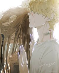 1boy 1girl alien_stage blonde_hair blood blood_on_face brown_hair clenched_teeth closed_eyes colored_extremities commentary covered_eyes dark-skinned_female dark_skin from_side hashtag-only_commentary highres hyuna_(alien_stage) koalnaln long_hair luka_(alien_stage) shirt signature simple_background song_name tears teeth transfusion white_background white_shirt