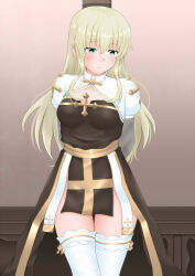 Rule 34 | 1girl, aoi hito, arch bishop (ragnarok online), arms behind back, black dress, blonde hair, blush, breasts, cleavage, cleavage cutout, closed mouth, clothing cutout, commentary request, cowboy shot, cross, dress, fishnet thighhighs, fishnets, frilled thighhighs, frills, frown, green eyes, indoors, juliet sleeves, kidnapped, large variant set, long hair, long sleeves, looking afar, looking down, medium breasts, paid reward available, puffy sleeves, ragnarok online, sash, sidelocks, solo, textless version, thighhighs, variant set, white dress, white thighhighs, yellow sash
