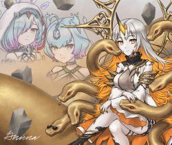 3girls ahoge aqua_hair blonde_hair breasts closed_mouth colored_inner_hair crossed_legs detached_sleeves dress facial_mark fire_emblem fire_emblem_heroes floating forehead_jewel grey_hair grimaisbestwaifu gullveig_(fire_emblem) highres hood hood_up horns kvasir_(fire_emblem) large_breasts long_hair looking_at_viewer mixed-language_commentary multicolored_hair multiple_girls nintendo orange_eyes pale_skin purple_hair red_eyes seidr_(fire_emblem) short_hair signature single_horn sitting smile snake_hair sunglasses very_long_hair white_dress yellow_eyes yellow_horns