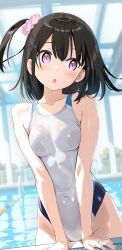 1girl absurdres black_hair breasts commentary_request competition_swimsuit facing_viewer highleg highleg_one-piece_swimsuit highres miyuki_(yxbt7) one-piece_swimsuit one_side_up open_mouth original pool red_hair short_hair small_breasts solo swimsuit water wet wet_clothes wet_swimsuit white_one-piece_swimsuit