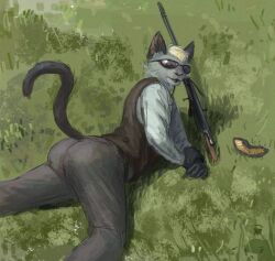 1boy animal_ears ass cat_boy cat_ears cat_tail chauchat forgotten_weapons furry grass highres looking_at_viewer lying magazine_(weapon) male_focus on_stomach solo sunglasses tail tail_raised whaleoil
