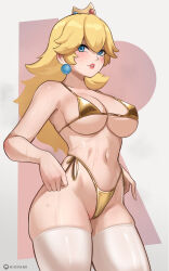 1girl bikini blonde_hair blue_eyes blush breasts cowboy_shot crown earrings gold_bikini golden_week_bikini highleg highleg_bikini highres hioyami jewelry large_breasts long_hair mario_(series) mini_crown navel nintendo parted_lips princess_peach red_lips solo stomach swimsuit thighhighs very_long_hair wet white_thighhighs