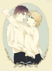 2boys aged_down bishounen black_hair blonde_hair blue_eyes brown_hair dio_brando food formal_clothes fruit jojo_no_kimyou_na_bouken jonathan_joestar marimocham multiple_boys phantom_blood shirt strawberry whipped_cream yaoi