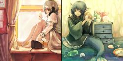 2girls animal_ears blue_eyes blue_hair blush bottle chain clock corded_phone cradling_phone curtains fins head_fins heterochromia highres japanese_clothes kimono long_sleeves mermaid monster_girl multiple_girls obi paper phone red_eyes rock sash shell short_hair sitting skirt smile tatara_kogasa touhou umbrella vest wakasagihime wide_sleeves window yoss_3