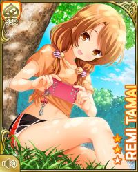 1girl :d bare_legs black_shorts brown_eyes brown_hair card_(medium) day closed_eyes girlfriend_(kari) grass looking_at_viewer low_twintails midriff morning official_art open_mouth orange_shirt outdoors qp:flapper shirt shorts sitting smile solo tagme tamai_remi tank_top tied_shirt tree twintails workout_clothes