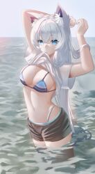 Rule 34 | 1girl, absurdres, animal ear fluff, animal ears, arms up, bikini, black shorts, blue bikini, blue eyes, braid, breasts, clothes in mouth, clothes lift, commentary, fox ears, fox girl, fox tail, hair between eyes, highres, hololive, long hair, looking at viewer, maio05321, medium breasts, mouth hold, navel, ocean, outdoors, shirakami fubuki, shirt, shirt in mouth, shirt lift, short shorts, shorts, sidelocks, single braid, solo, swimsuit, tail, virtual youtuber, wading, white hair, white shirt