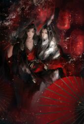 Rule 34 | 2boys, absurdres, alternate costume, black coat, black gloves, black hair, carrying, chinese clothes, closed mouth, coat, collarbone, couple, faux traditional media, fingerless gloves, fur collar, gloves, grey eyes, hair ribbon, hand up, hanfu, headband, high ponytail, highres, ink wash painting, kcllzas163, lan wangji, lantern, light particles, long hair, looking at another, looking at viewer, male focus, modao zushi, multiple boys, oil-paper umbrella, open clothes, open coat, paper lantern, pectoral cleavage, pectorals, ponytail, princess carry, red hanfu, red ribbon, red theme, red umbrella, ribbon, robe, smile, third-party source, umbrella, wei wuxian, white hanfu, white headband, wide sleeves, xiao guan (headdress), yaoi