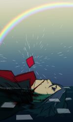 1girl akatsuki_(naruto) akatsuki_uniform closed_eyes cloud_print eyeshadow hair_bun high_collar highres konan_(naruto) lipeka long_sleeves makeup naruto_(series) naruto_shippuuden open_clothes paper rainbow short_hair single_hair_bun solo wet wet_hair
