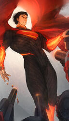 1boy 3others absolute_dc absurdres black_bodysuit black_hair bodysuit bullet cape closed_mouth commentary_request dc_comics expressionless floating glowing glowing_eyes goldriver gun highres male_focus multiple_others orange_eyes orange_trim red_cape short_bangs short_hair solo_focus superhero_costume superman superman_logo weapon