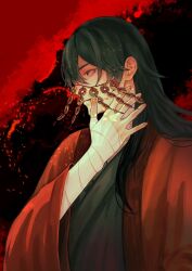 1815983628 1boy bandaged_arm bandaged_hand bandages black_background black_hair black_hanfu blood blood_on_face chinese_clothes chinese_commentary closed_mouth coat coin coin_mask dao_gui_yi_xian embers from_side hair_down hand_on_own_face hand_up hanfu highres holed_coin li_huowang long_hair long_sleeves looking_to_the_side male_focus mask mouth_veil profile red_background red_coat red_eyes red_theme robe solo upper_body veil wide_sleeves wiping_blood