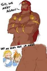 ._. 1girl 2boys ass bara beard blonde_hair blush blush_stickers dark_skin eyebrows facial_hair fingerless_gloves ganondorf gloves happy highres jewelry link long_hair looking_at_penis looking_down male_focus multiple_boys muscular nintendo nude open_mouth piikeisandaa pointy_ears princess_zelda pubic_hair red_hair scarf short_hair smile the_legend_of_zelda the_legend_of_zelda:_breath_of_the_wild the_legend_of_zelda:_tears_of_the_kingdom torch tunic white_background yellow_eyes