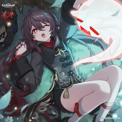 1girl absurdres boo_tao_(genshin_impact) bracelet brown_hair commentary english_commentary flower-shaped_pupils genshin_impact ghost hair_between_eyes hat highres hu_tao_(genshin_impact) jewelry kneehighs long_hair long_sleeves looking_at_viewer lying official_art on_back on_grass one_eye_closed open_mouth red_eyes socks symbol-shaped_pupils teeth thighs unworn_hat unworn_headwear upper_teeth_only white_socks yawning