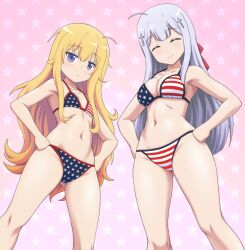 Rule 34 | 2girls, american flag, american flag bikini, american flag print, bikini, blonde hair, blue eyes, breasts, closed eyes, closed mouth, commentary, commentary request, commission, cross hair ornament, flag print, flag print bikini, flat chest, gabriel dropout, gabriel tenma white, grey hair, hair ornament, hair ribbon, hands on own hips, light frown, long hair, looking at viewer, medium breasts, multiple girls, navel, partial commentary, pixiv commission, print bikini, purple background, raphiel shiraha ainsworth, red ribbon, ribbon, smile, star (symbol), star symbol background, string bikini, swimsuit, very long hair, vierosky