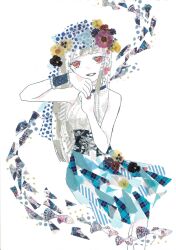 Rule 34 | 1girl, 922pochan, abstract, aqua scrunchie, aqua skirt, bare shoulders, black corset, blunt bangs, blunt ends, breasts, collared shirt, commentary request, corset, dot nose, feet out of frame, fish, flower, flower wreath, frilled shirt collar, frills, half-closed eyes, hand up, highres, invisible chair, long hair, long sidelocks, looking at viewer, lower teeth only, masking tape (medium), medium skirt, mixed media, open mouth, original, red eyes, red nails, scrunchie, shirt, sidelocks, sitting, skirt, sleeveless, sleeveless shirt, small breasts, smile, solo, swept bangs, teeth, traditional media, unconventional media, white background, wrist scrunchie