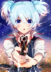 1boy aiming aiming_at_viewer ansatsu_kyoushitsu black_necktie black_vest blue_eyes blue_hair blush collared_shirt commentary_request crack cracked_glass finger_on_trigger gun hair_between_eyes hair_tie_on_wrist handgun hazuki_tooya holding holding_gun holding_weapon kunugigaoka_middle_school_uniform looking_at_viewer male_focus necktie night parted_lips school_uniform shiota_nagisa shirt short_hair short_sleeves solo trap two_side_up upper_body vest weapon white_shirt