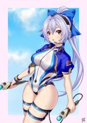 1girl blue_bow blue_jacket blue_one-piece_swimsuit blue_sky blush bow breasts controller fate/grand_order fate_(series) guriguri_(arayotto4351) hair_bow headset highleg highleg_one-piece_swimsuit highres jacket large_breasts long_hair looking_at_viewer one-piece_swimsuit open_clothes open_jacket open_mouth ponytail red_eyes short_sleeves sky solo swimsuit thigh_strap thighs tomoe_gozen_(fate) tomoe_gozen_(swimsuit_saber)_(fate) tomoe_gozen_(swimsuit_saber)_(first_ascension)_(fate) two-tone_swimsuit white_hair white_one-piece_swimsuit wristband