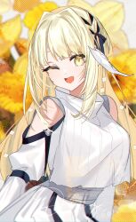 1girl absurdres ancient_greek_clothes au_ra bare_shoulders blonde_hair breasts chiton clothing_cutout dragon_girl dragon_horns final_fantasy final_fantasy_xiv greco-roman_clothes hair_ribbon highres horns long_hair looking_at_viewer motsuni_(lxxe1120) one_eye_closed open_mouth ribbon sash shoulder_cutout signature solo warrior_of_light_(ff14) yellow_eyes