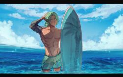 1boy abs arm_up caustics cloud cloudy_sky contrapposto cove_holden cowboy_shot day drop_shadow green_hair green_shorts hair_bun hand_on_own_head highres horizon light_particles littlejennared male_focus medium_hair no_shirt ocean our_life our_life:_beginnings_and_always outdoors palm_tree palm_tree_print partially_submerged pectorals shorts sidelocks sky solo tattoo tattoo_sleeve toned toned_male tree wavy_hair