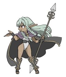 1girl aqua_hair belt black_belt black_cape black_gloves braid cape capelet chibi commentary_request dark-skinned_female dark_elf dark_skin elf fingerless_gloves floating_hair full_body gloves gold_trim highleg highleg_leotard holding holding_polearm holding_weapon kumakoro_(tetsupag) leotard long_hair pointy_ears polearm profile purple_capelet red_eyes rosalinde_(unicorn_overlord) smile solo spear twin_braids unicorn_overlord weapon white_leotard