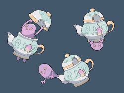 @_@ arms_up closed_mouth colored_skin commentary crack full_body gen_8_pokemon holding nintendo no_humans outstretched_arms pokemon pokemon_(creature) pokemon_focus polteageist purple_skin simple_background smile sumi_fms symbol-only_commentary teapot upside-down