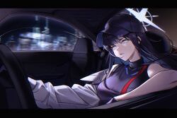 1girl absurdres baseball_cap black_hair black_hat black_shirt blue_archive blue_eyes blue_halo car cityscape coat commentary_request dong_(art_woodong) driving halo hat highres long_hair motor_vehicle night no_mask partial_commentary saori_(blue_archive) shirt sleeveless sleeveless_shirt solo upper_body white_coat