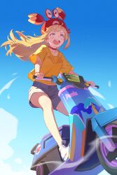 1girl absurdres ahoge blonde_hair blue_sky choker commentary crab_hat cross-shaped_pupils english_commentary highres hololive long_hair moped motor_vehicle open_mouth otonose_kanade red_choker seuhyo99 shirt short_sleeves shorts sky symbol-shaped_pupils virtual_youtuber yellow_shirt