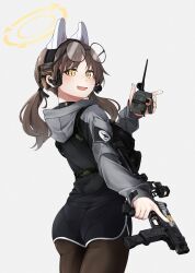 1girl animal_ears black_pantyhose blue_archive brown_hair clov3r cowboy_shot detonator dolphin_shorts earpiece eyewear_on_head fake_animal_ears grey_hood gun halo handgun highres holding holding_gun holding_weapon hood hood_down hoodie long_sleeves moe_(blue_archive) open_mouth pantyhose rabbit_ears shorts sig_sauer sig_sauer_p320 solo twintails weapon white_background yellow_eyes yellow_halo