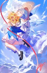 1girl ^_^ black_shoes blue_bow blue_dress blue_hair blue_sky bouquet bow bow_legwear cirno cirno_day closed_eyes cloud cloudy_sky dress flower frilled_sleeves frills full_body hair_bow hat hat_bow highres holding holding_bouquet ice ice_wings mary_janes open_mouth partyu petticoat puffy_short_sleeves puffy_sleeves red_ribbon ribbon shoes short_hair short_sleeves signature sky smile socks solo straw_hat sunflower touhou white_socks wings