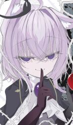 1girl absurdres ahoge animal_ear_fluff animal_ears ascot black_dress black_gloves cat_ears cat_girl closed_mouth crossed_bangs dress finger_to_mouth gloves highres hololive inaba_reito long_hair nekomata_okayu no_pupils purple_brooch purple_eyes purple_hair shushing smile solo white_ascot