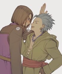 2boys bead_necklace beads black_sleeves blue_eyes blue_hair blush brown_gloves brown_hair camus_(dq11) closed_eyes collarbone commentary_request couple cross-laced_clothes dragon_quest dragon_quest_xi earrings fingerless_gloves gloves gold_earrings grabbing_another&#039;s_chin green_tunic hand_on_another&#039;s_chin hand_on_own_hip hand_on_wall hero_(dq11) hoop_earrings jewelry kimidori_(kimidoriri) male_focus medium_hair multiple_boys necklace open_mouth parted_hair profile purple_tunic red_sash sash short_hair single_bang speech_bubble spiked_hair tunic twitter_username upper_body white_background yaoi