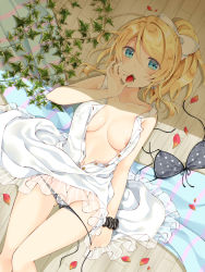 10s 1girl areola_slip ayase_eli black_scrunchie blonde_hair blue_eyes bow bra breasts clothes_lift commentary_request dress dress_lift female_focus food fruit gluteal_fold hair_between_eyes hair_bow highres ivy looking_at_viewer love_live! love_live!_school_idol_project lying medium_breasts mogu_(au1127) navel no_bra on_back on_floor open_clothes open_dress panties panty_pull petals plant polka_dot polka_dot_bra scrunchie solo strawberry striped_clothes striped_scrunchie striped_towel thigh_gap towel unbuttoned underwear unworn_bra vines white_bow white_dress wooden_floor wrist_scrunchie