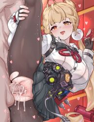 1boy 1girl :o absurdres ahegao alice_thymefield animal_ears black_skirt blonde_hair blush breasts commentary_request daram_(shappydude) fingerless_gloves gloves hand_on_own_leg hetero heterochromia highres indoors korean_commentary large_breasts large_variant_set long_hair orange_eyes pantyhose penis pleated_skirt red_eyes revision sex shirt skirt split standing standing_on_one_leg standing_sex standing_split sweat torn_clothes torn_pantyhose uncensored vaginal variant_set white_shirt zenless_zone_zero