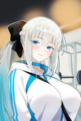 Rule 34 | 1girl, bamboo tac, black ribbon, blue eyes, blush, braid, breasts, closed mouth, fate/grand order, fate (series), hair ribbon, highres, jacket, large breasts, long hair, looking at viewer, morgan le fay (fate), ponytail, ribbon, smile, solo, upper body, white hair, white jacket